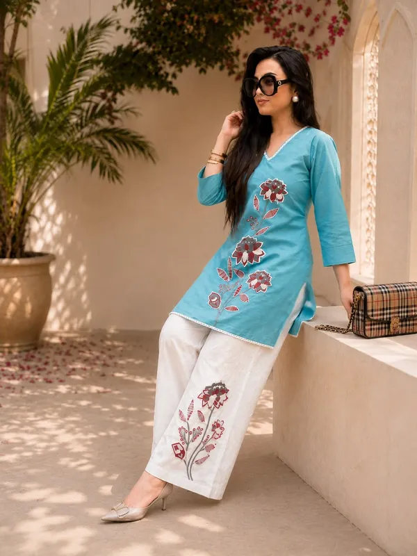 Women's_Sky_Blue_Cotton_Slub_Floral_Embroidered_Kurti_Pant_Co-Ord_Set