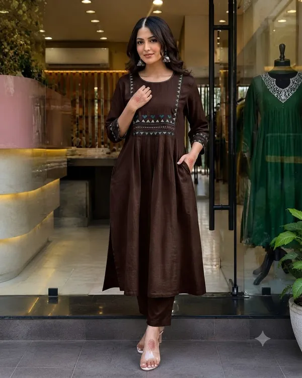 Premium_Women's_Cotton_Slub_Embroidered_A-Line_Kurta_Pant_Set