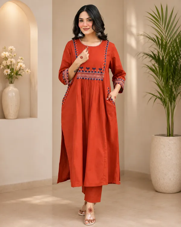 Premium_Women's_Cotton_Slub_Embroidered_A-Line_Kurta_Pant_Set