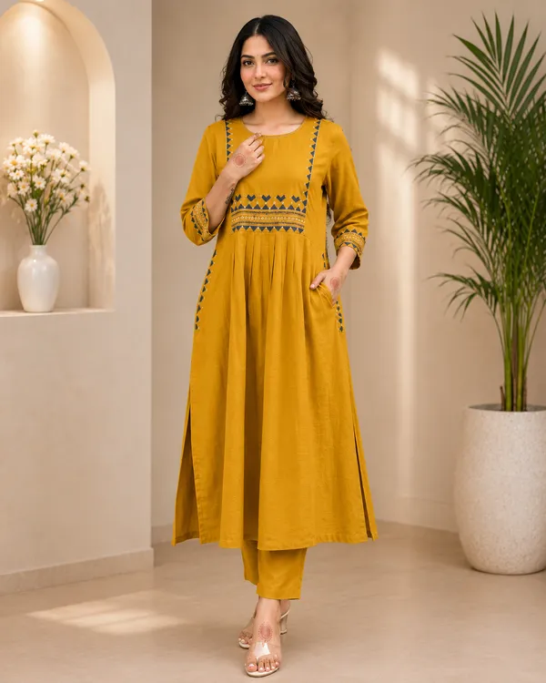 Premium_Women's_Cotton_Slub_Embroidered_A-Line_Kurta_Pant_Set