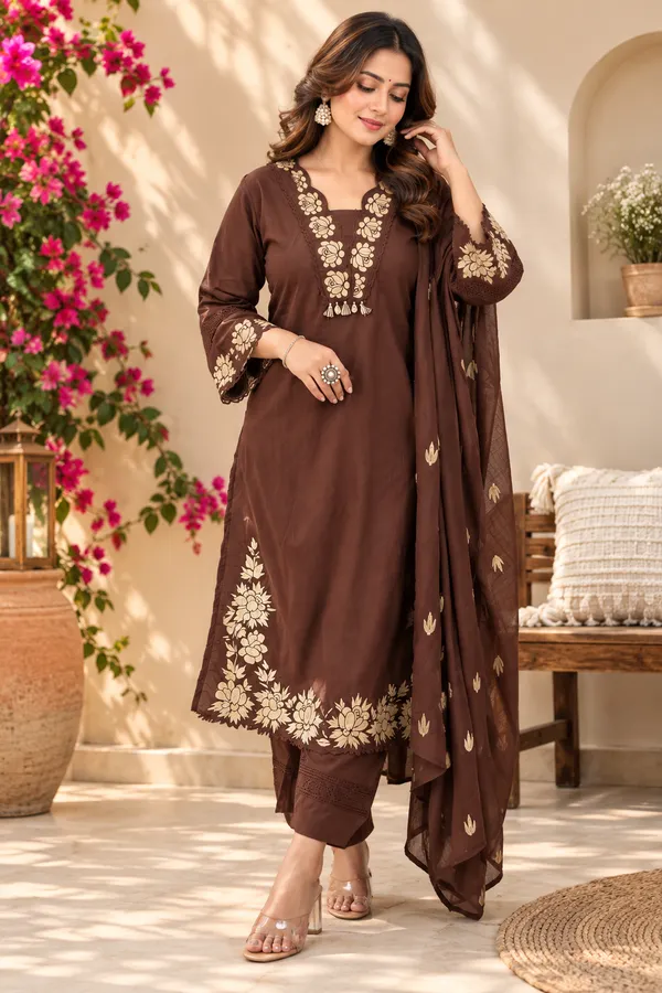 Brown_Cotton_Embroidered_Kurta_Pant_Dupatta_Set_with_Lace_Detailing