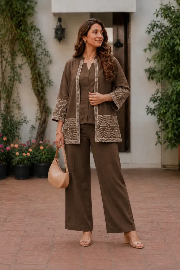 Women's_Cotton_Flex_EmbroideBRN_Jacket_Style_Top_Inner_&_Trouser_Co-Ord_Set