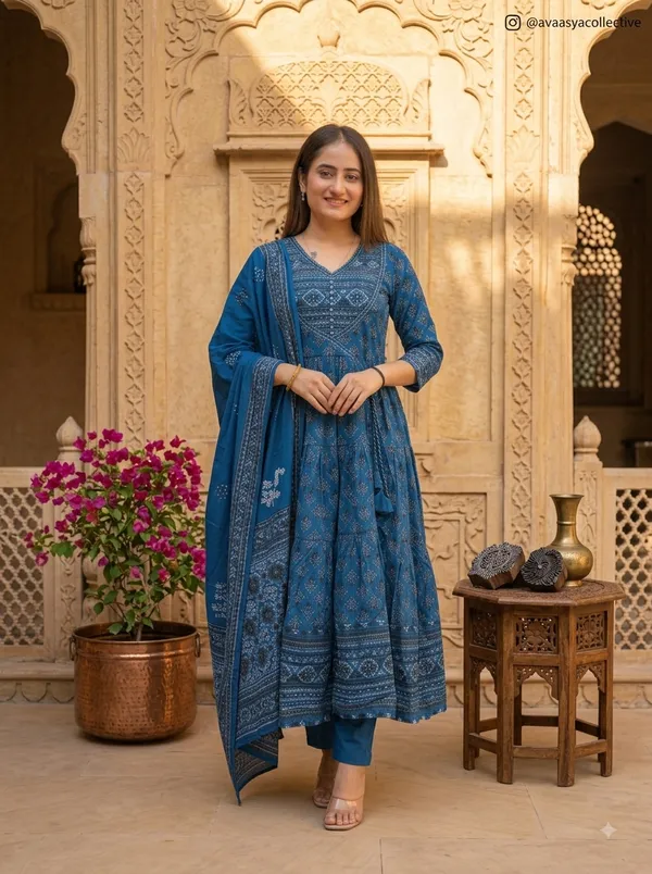 Women's_Premium_Cotton_Sanganeri_Print_Flared_Anarkali_Kurta_Pant_&_Dupatta_Set