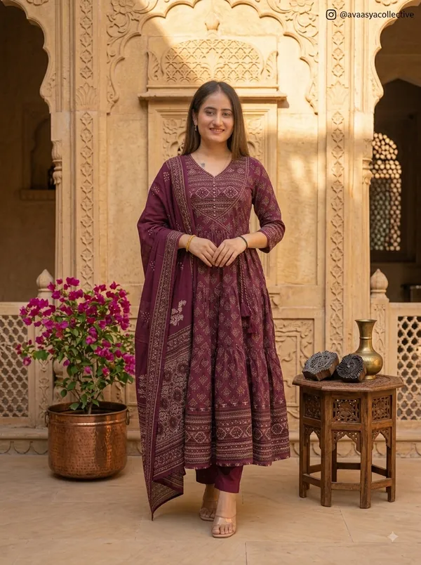 Women's_Premium_Cotton_Sanganeri_Print_Flared_Anarkali_Kurta_Pant_&_Dupatta_Set