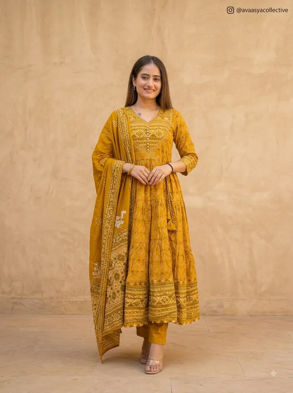 Women's_Premium_Cotton_Sanganeri_Print_Flared_Anarkali_Kurta_Pant_&_Dupatta_Set