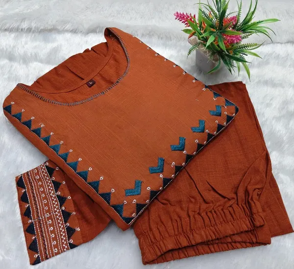 Premium_Women's_Cotton_Slub_Embroidered_A-Line_Kurta_Pant_Set