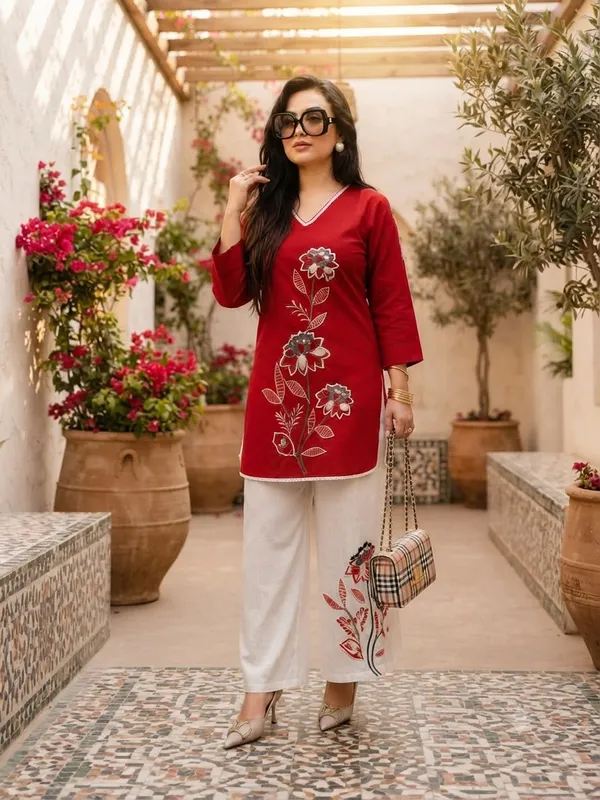 Women's_Cotton_Slub_Floral_Embroidered_Kurti_Pant_Co-Ord_Set