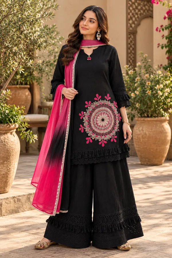 Dashing_Pure_Cotton_Shifly_Embroidered_Kurta_Sharara_Dupatta_Set