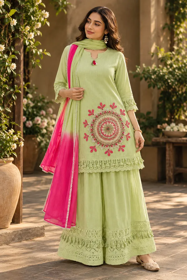 Dashing_Pure_Cotton_Shifly_Embroidered_Kurta_Sharara_Dupatta_Set