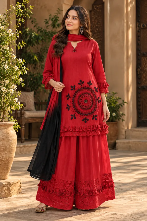 Dashing_Pure_Cotton_Shifly_Embroidered_Kurta_Sharara_Dupatta_Set