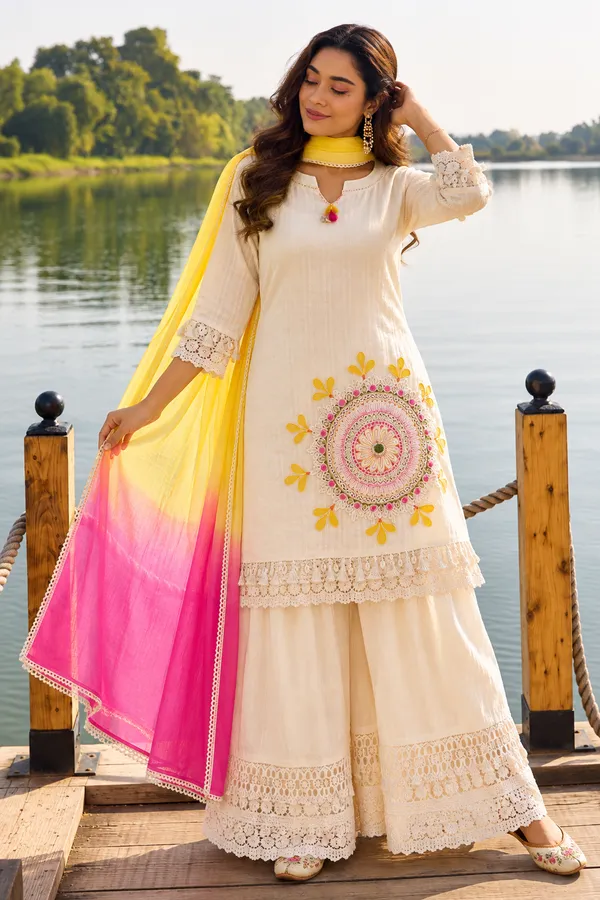 Dashing_Pure_Cotton_Shifly_Embroidered_Kurta_Sharara_Dupatta_Set