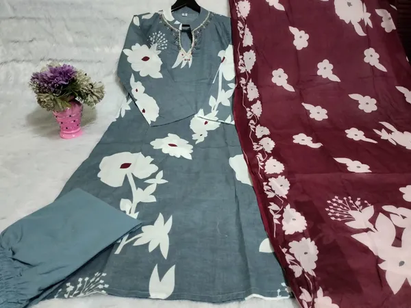Grey_Exquisite_Handcrafted_Detailing_Pure_Cotton_Kurti_Pant_And_Dupatta_Set
