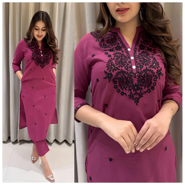 Embroidered_Pure_Cotton_Kurti_with_Afghani_Pant_–_Wine_Set