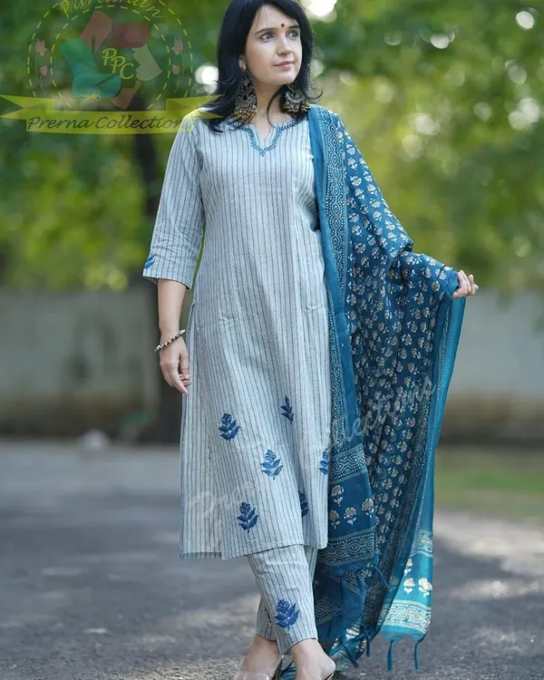 Multicolor_chic_Handloom_Embroidery_Printed_Kurti_Pant_And_Dupatta_Set