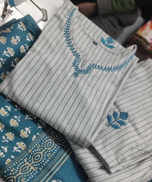 Multicolor_chic_Handloom_Embroidery_Printed_Kurti_Pant_And_Dupatta_Set