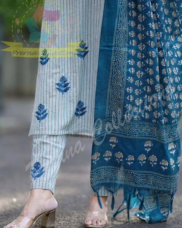 Multicolor_chic_Handloom_Embroidery_Printed_Kurti_Pant_And_Dupatta_Set