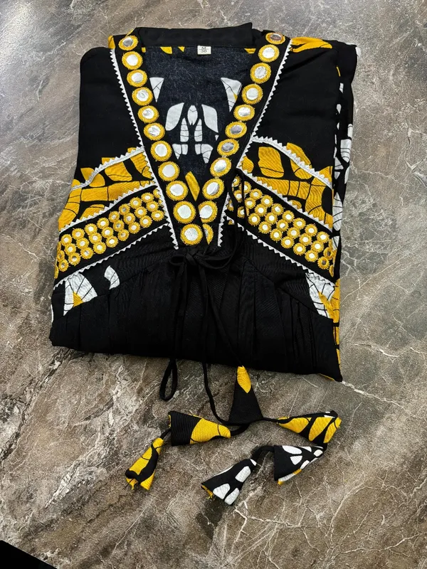 Black_Cotton_Embroidered_Kurta_Dress_With_Mirror_Work