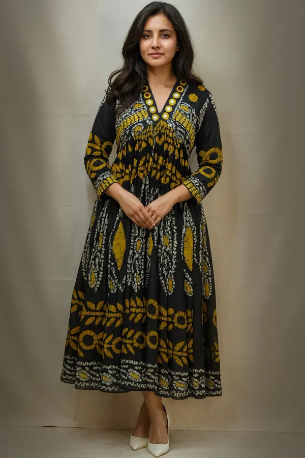 Black_Cotton_Embroidered_Kurta_Dress_With_Mirror_Work