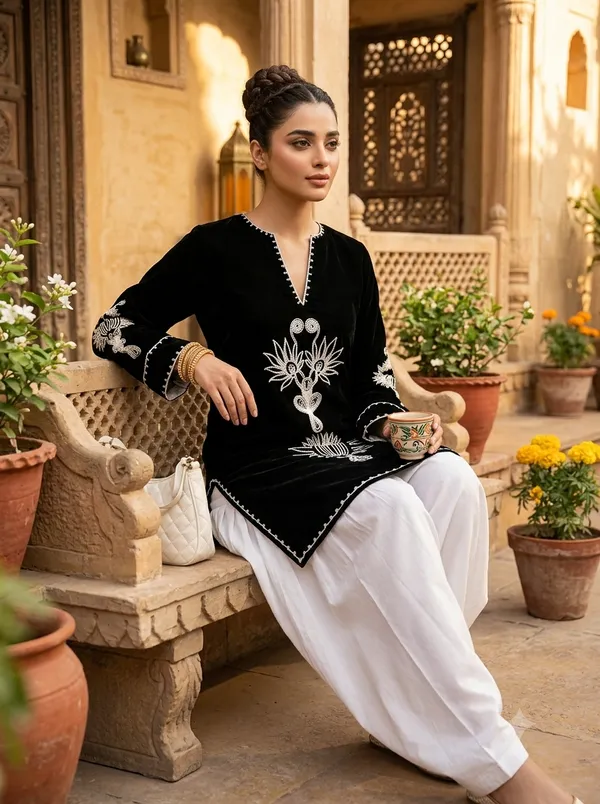 Women's_Pure_Cotton_EmbroideBLK_Kurta_with_Off-White_Farshi_Salwar_Set