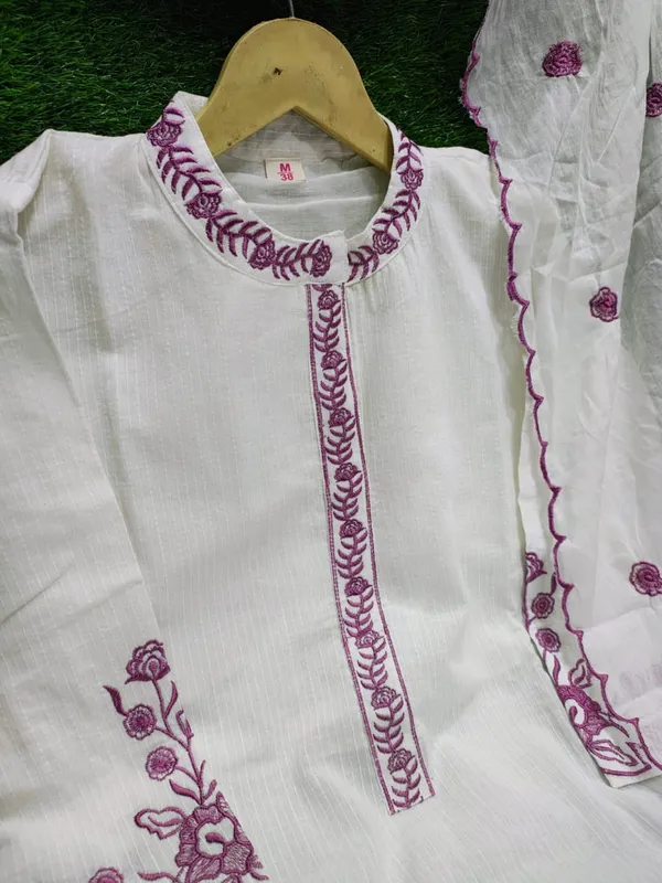White_chic_Katha_Cotton_Kurti_Pant_And_Dupatta_Set