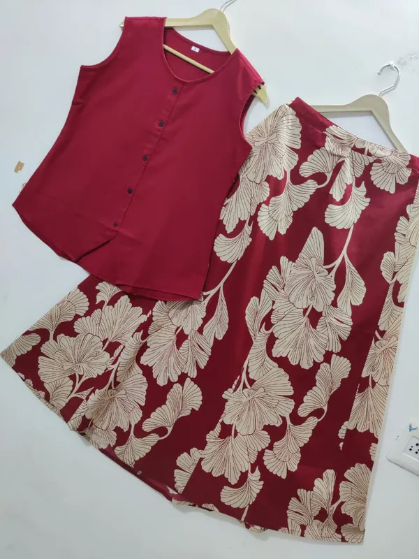 Women_Stylish_Cotton_Co-Ord_Set_Sleeveless_Button_Detail_Top_with_Printed_Flared_Skirt_chic_Ethnic_Fusion_Wear