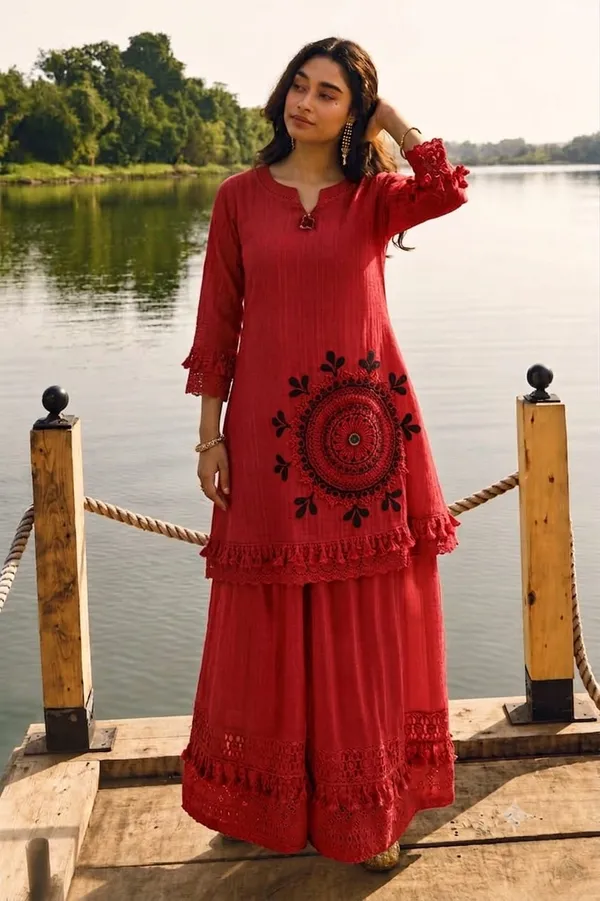 Dashing_Pure_Cotton_Shifly_Embroidered_Kurta_Sharara_Dupatta_Set