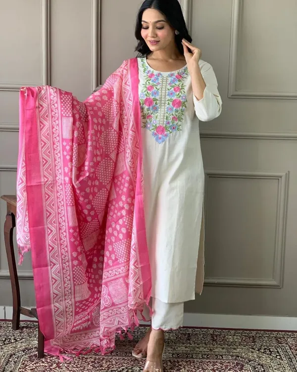 Beige_&_White_Timeless_Elegance_In_Pure_Handloom_Khadi_Cotton_With_Intricate_Embroidery_&_Khadi_Silk_Dupatta