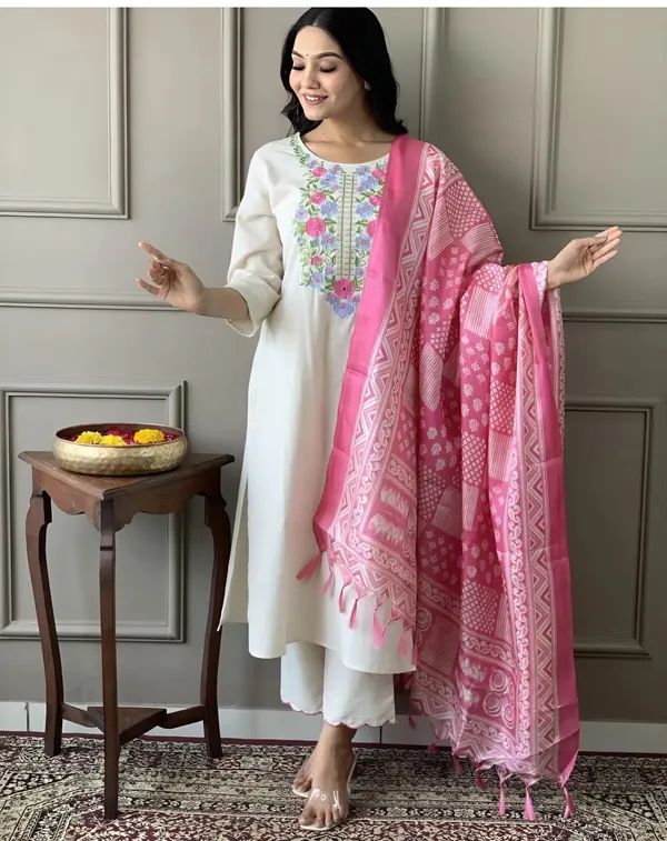 Beige_&_White_Timeless_Elegance_In_Pure_Handloom_Khadi_Cotton_With_Intricate_Embroidery_&_Khadi_Silk_Dupatta