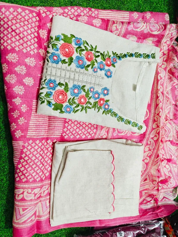 Beige_&_White_Timeless_Elegance_In_Pure_Handloom_Khadi_Cotton_With_Intricate_Embroidery_&_Khadi_Silk_Dupatta