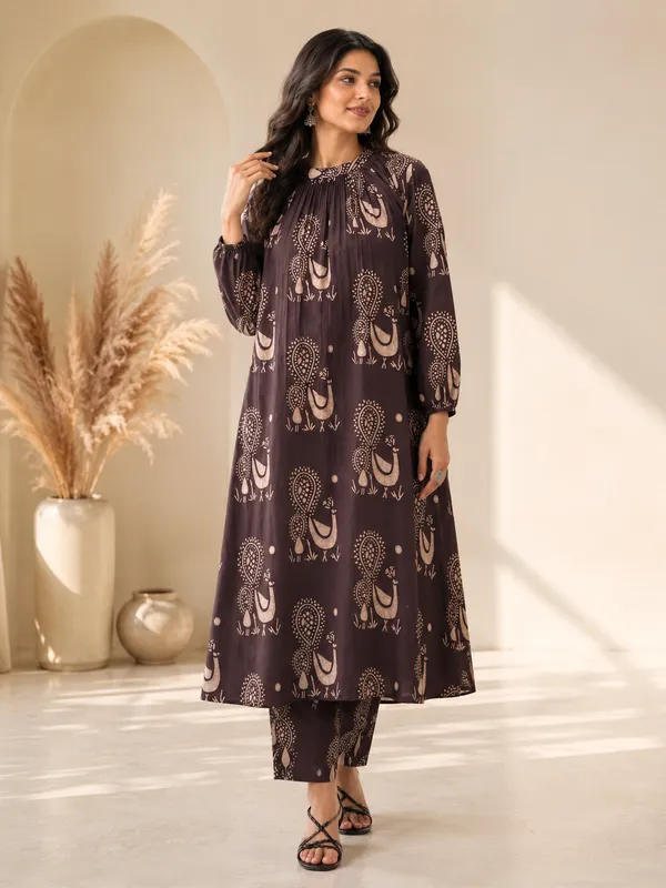 Stylish_Trending_Pure_Cotton_Rajasthani_Peacock_Print_Kaftan_Style_Kurti_Pant_Co-Ord_Set