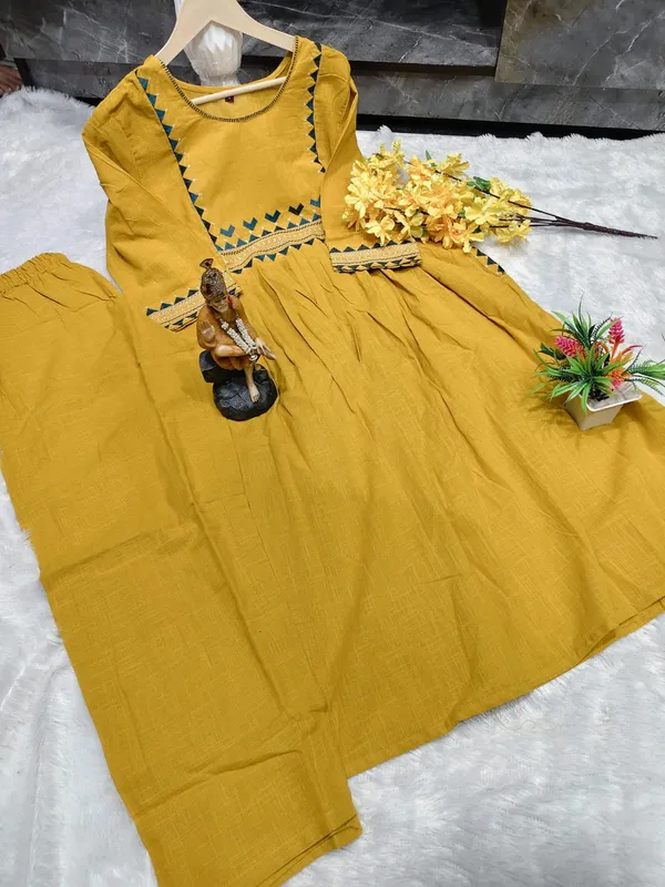 Premium_Women's_Cotton_Slub_Embroidered_A-Line_Kurta_Pant_Set