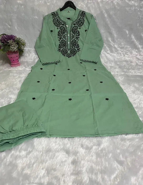 Embroidered_Pure_Cotton_Kurti_with_Afghani_Pant_–_Mint_Green_Set