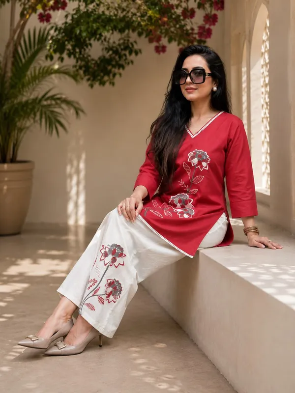 Women's_Cotton_Slub_Floral_Embroidered_Kurti_Pant_Co-Ord_Set