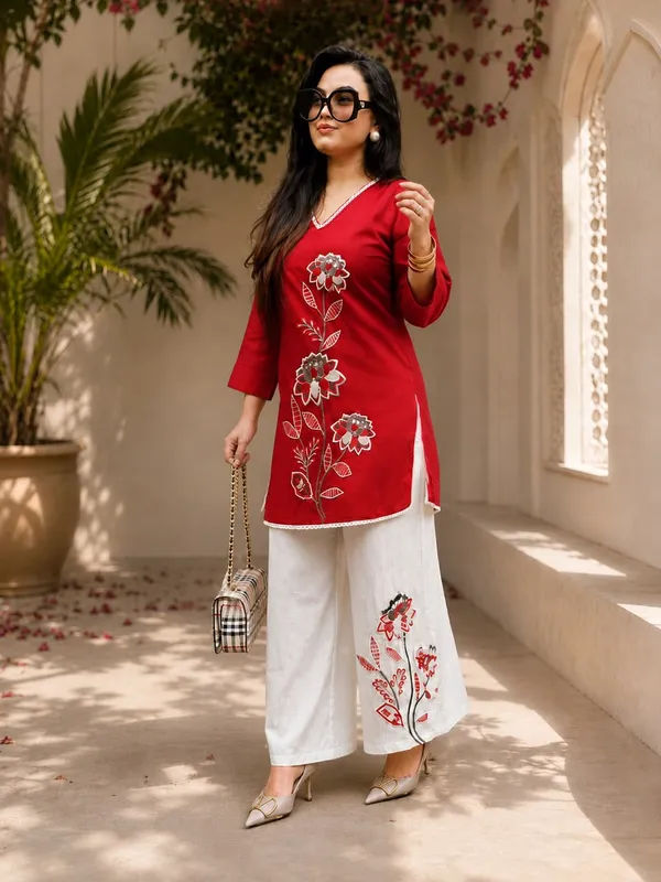 Women's_Cotton_Slub_Floral_Embroidered_Kurti_Pant_Co-Ord_Set