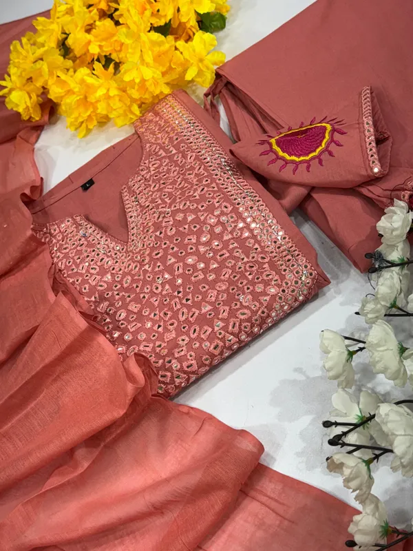 Peach_Handcrafted_Embroidered_Pure_Cotton_Kurta,_Pant_&_Dupatta_Set