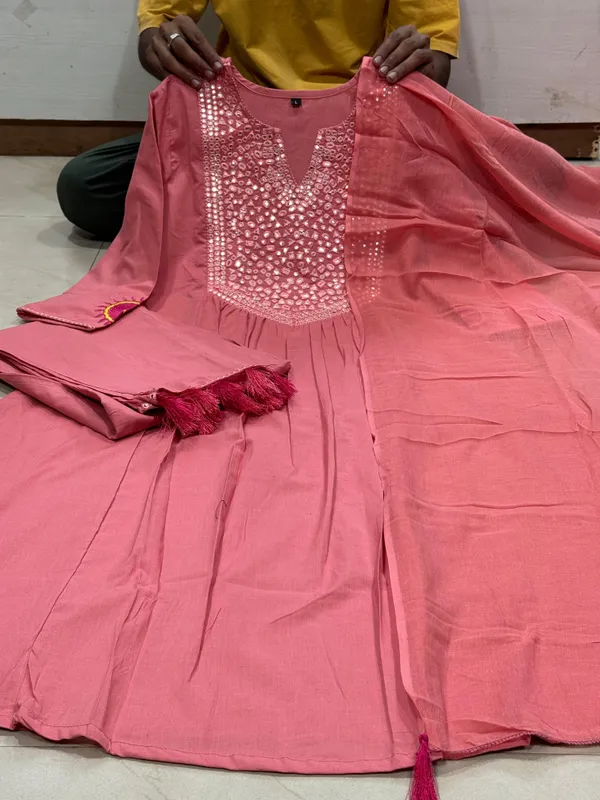 Peach_Handcrafted_Embroidered_Pure_Cotton_Kurta,_Pant_&_Dupatta_Set