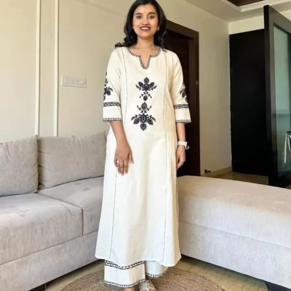 chic_Breathable_khadi_cotton_Embroidered_Kurti_Pant_Set_|_M_to_XXL