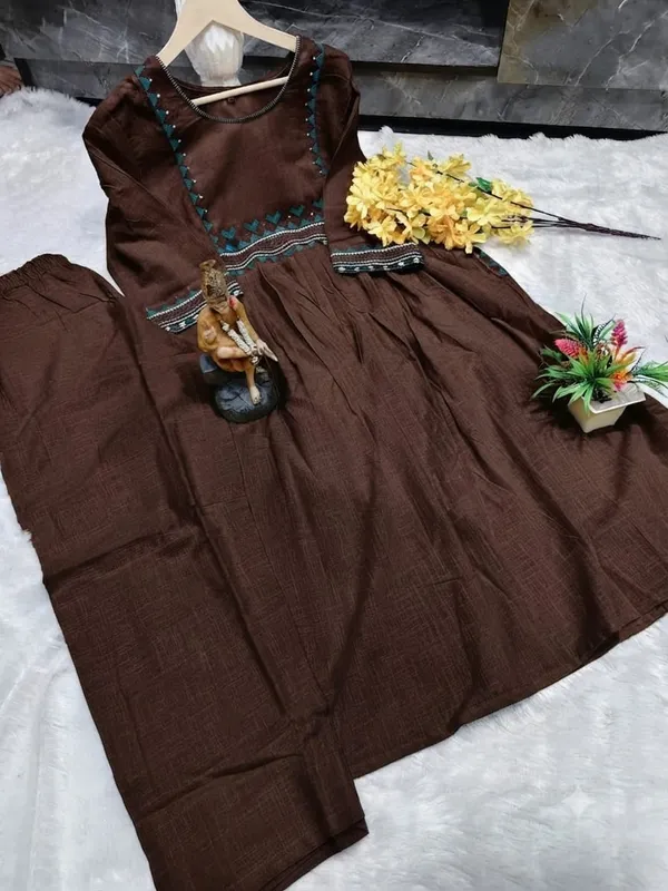 Premium_Women's_Cotton_Slub_Embroidered_A-Line_Kurta_Pant_Set