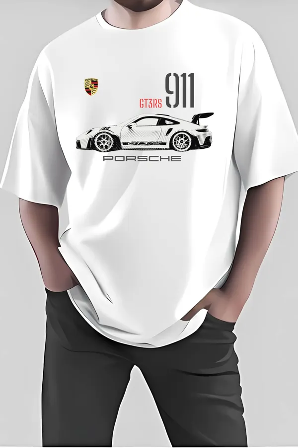 White_Cotton_911_Porsche_Car_Graphics_Printed_Oversized_T-Shirt_|_For_Men
