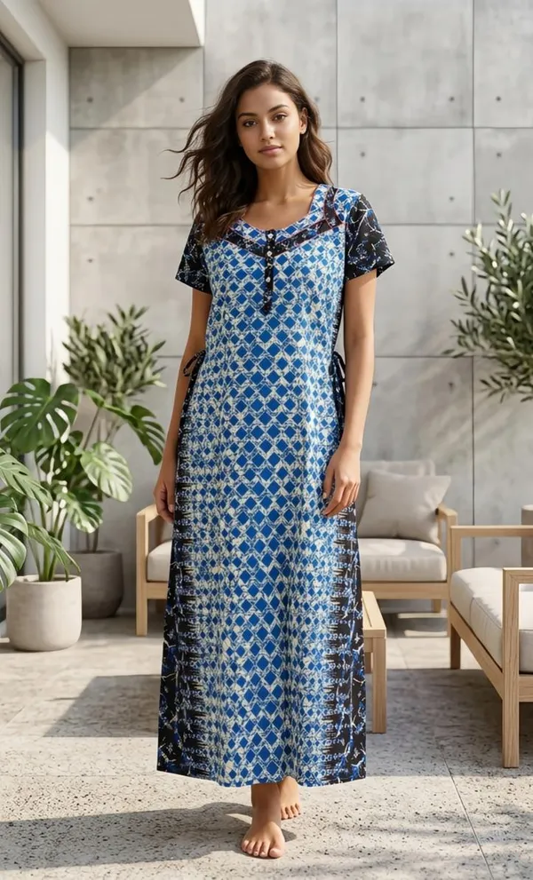 Blue_Geometric_Print_Cotton_A-Line_Maxi_Nightdress_For_Women