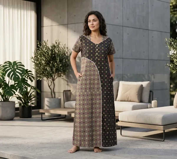 Brown_&_Grey_Geometric_Print_Cotton_A-Line_Maxi_Nightdress_For_Women