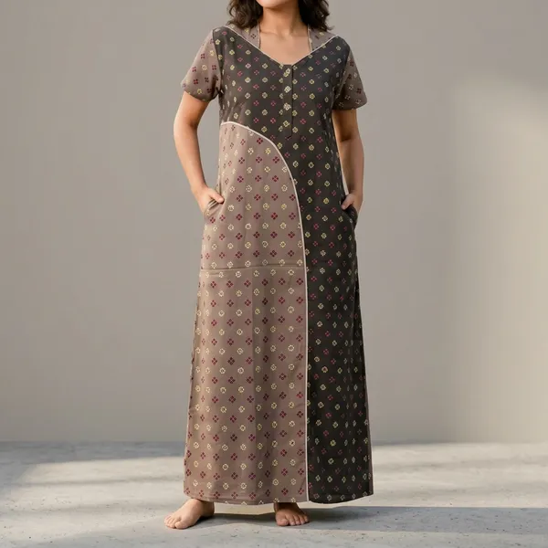 Brown_&_Grey_Geometric_Print_Cotton_A-Line_Maxi_Nightdress_For_Women