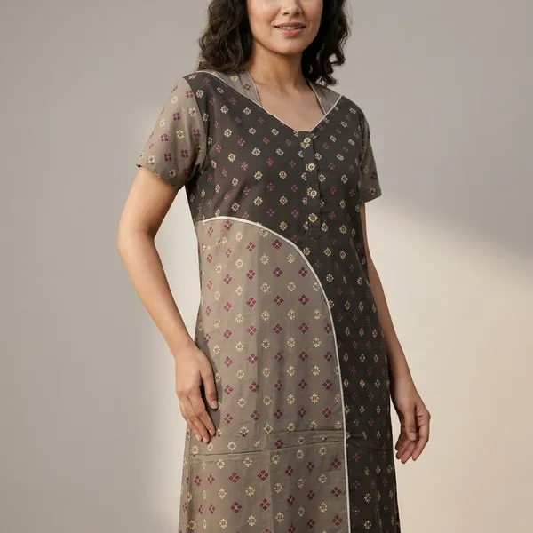Brown_&_Grey_Geometric_Print_Cotton_A-Line_Maxi_Nightdress_For_Women