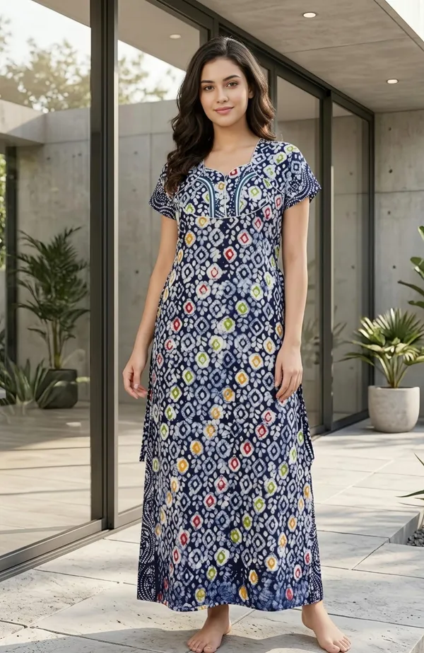 Navy_Blue_Geometric_Print_Cotton_A-Line_Maxi_Nightdress_For_Women