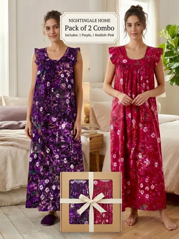 Pure_Cotton_Bandhani_Printed_Nighty_with_Ruffle_Sleeves,pack_of_two_