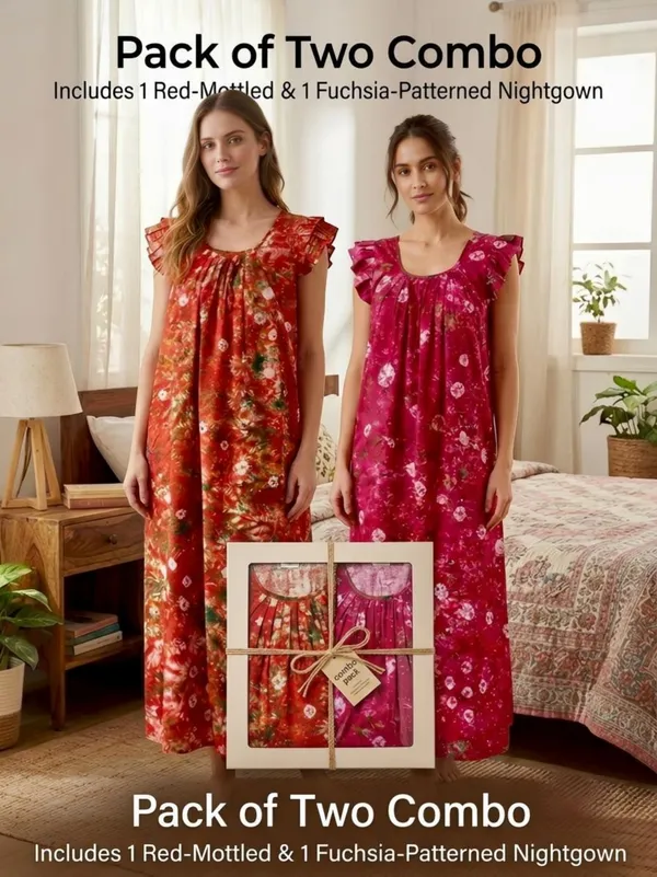 Pure_Cotton_Bandhani_Printed_Nighty_with_Ruffle_Sleeves,pack_of_two_