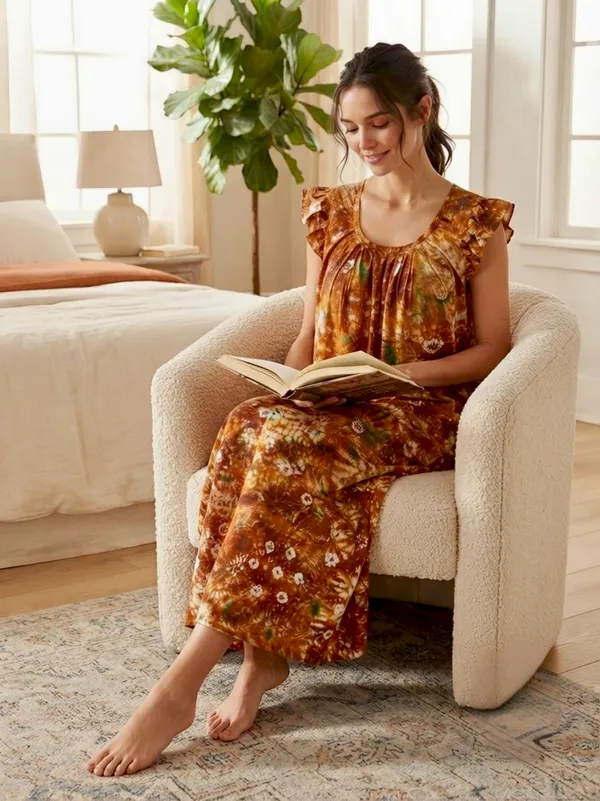 Pure_Cotton_Bandhani_Printed_Nighty_with_Ruffle_Sleeves,pack_of_two_