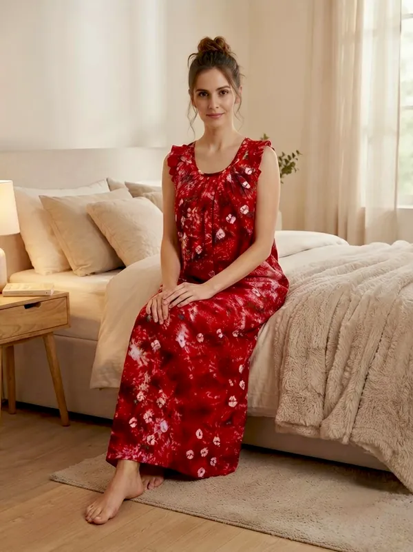Pure_Cotton_Bandhani_Printed_Nighty_with_Ruffle_Sleeves,pack_of_two_