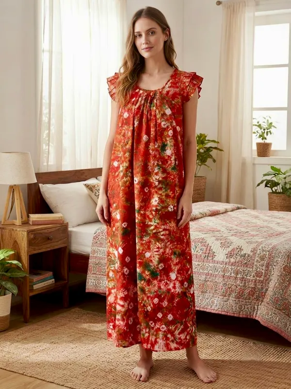 Pure_Cotton_Bandhani_Printed_Nighty_with_Ruffle_Sleeves,pack_of_two_