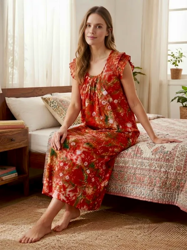 Pure_Cotton_Bandhani_Printed_Nighty_with_Ruffle_Sleeves,pack_of_two_
